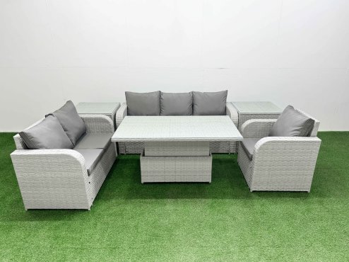 Fimous Patio PE Wicker 6 Seater Outdoor Rattan Furniture Sofa Sets with Adjustable Lifting Dining or Coffee Table Reclining Chair Loveseat Sofa 3 Seater Sofa 2 Side Table Light Grey