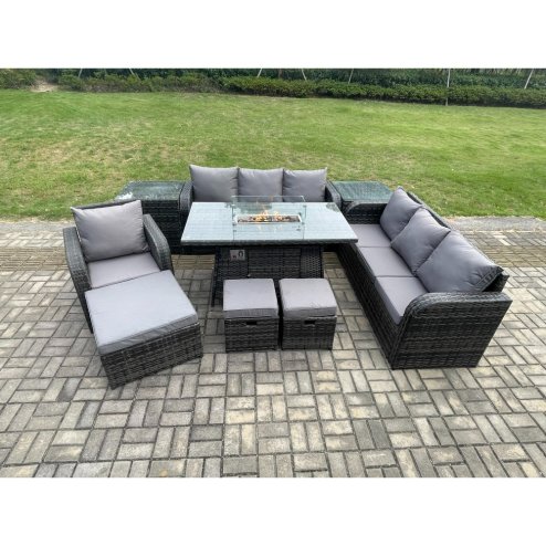 Fimous Wicker Rattan Garden Furniture Set Gas Fire Pit Dining Table Reclining Chair 3 Seater Sofa Set Indoor Outdoor with 2 Side Tables 3 Footstools 10 Seater