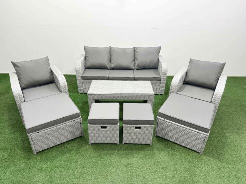 Fimous PE Wicker Rattan Furniture Sofa Sets with Oblong Coffee Table 3 Seater Sofa 4 Stools Light Grey Mixed