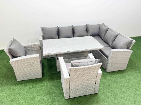 Fimous 8 Seat Rattan Garden Furniture Corner Sofa Set Outdoor Adjustable Lifting Dining or Coffee Table Set with 2 Armchairs Light Grey