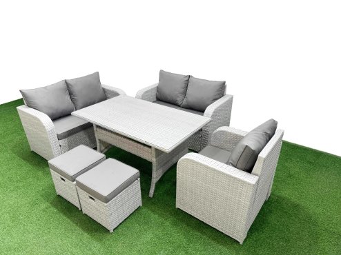 Fimous High Back Poly Rattan Garden Furniture Set with Reclining Chair Loveseat Sofa Rectangular Dining Table Indoor Outdoor Patio Set 2 Stool Light Grey