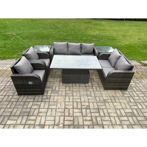 Fimous Wicker PE Rattan Outdoor Garden Furniture Sets Height Adjustable Rising lifting Dining Table Reclining Chair Sofa Set with 2 Side Tables Dark Grey Mixed