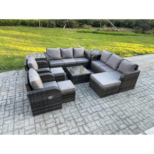 Fimous High Back Rattan Garden Furniture Set with Square Coffee Table 3 Footstools 2 Side Tables Indoor Outdoor Patio Lounge Sofa Set Dark Grey Mixed