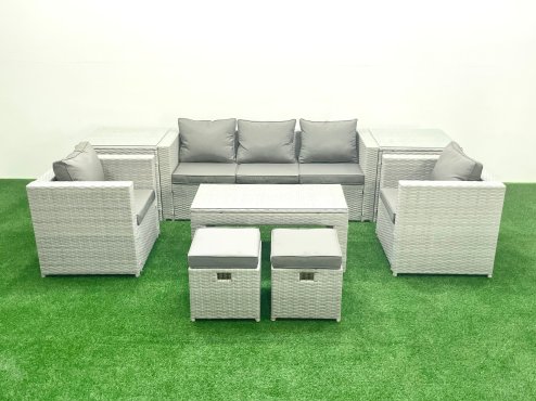 Fimous Rattan Garden Furniture Set 7 Seater Outdoor Garden Sofa Oblong Coffee Table Set with 2 Chairs 2 Stools 2 Side Tables Light Grey Mixed