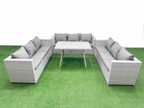 Fimous 9 Seat Outdoor Patio PE Rattan Garden Furniture with Cushions 3 Seater Sofa Light Grey
