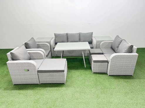 Fimous PE Rattan Garden Furniture Set Outdoor Rectangular Dining Table Sofa Set with Reclining Chair 3 Stool 2 Side Tables Light Grey