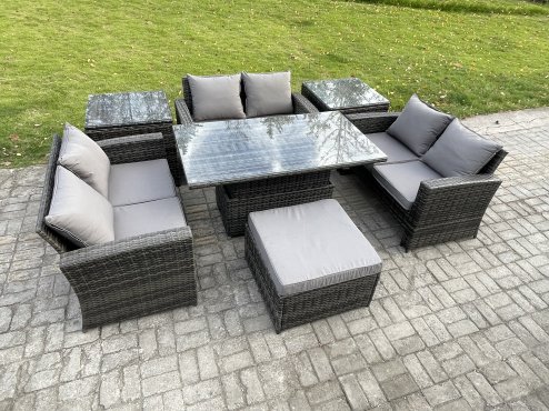 Fimous 7 pieces Outdoor Lounge Sofa Set Wicker PE Rattan Garden Furniture Set with Rising Lifting Table Double Seat Sofa 2 Side Tables Big Footstool Dark Grey Mixed