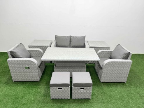 Fimous Light Grey PE Wicker Rattan Garden Furniture Set Sofa Set Reclining Chair Adjustable Lifting Dining or Coffee Table 6 Seater 2 Small Stools 2 Side Table