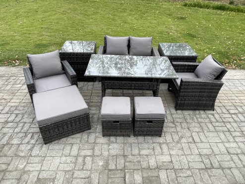Fimous 7 Seater PE Wicker Outdoor Garden Furniture Set Patio Furniture Rattan Rectangular Dining Table Lounge Sofa with 3 Footstools 2 Side Tables
