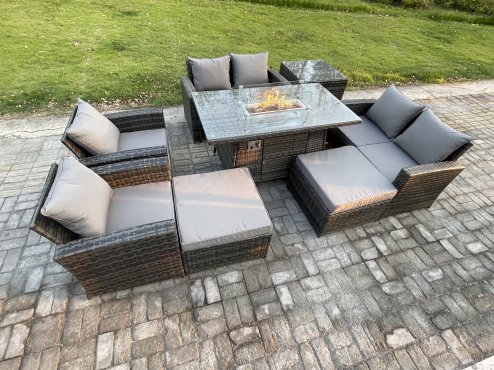 Fimous Outdoor Garden Furniture Sets 8 Pieces Wicker Rattan Furniture Gas Firepit Dining Table Sofa Set with 2 Big Footstool Side Table Dark Grey Mixed