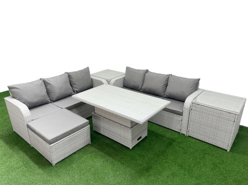 Fimous Outdoor Garden Furniture Sets 7 Seater Wicker Rattan Furniture Sofa Sets with Adjustable Lifting Dining or Coffee Table high Back Lounge Sofa Big Footstool 2 Side Table Light Grey