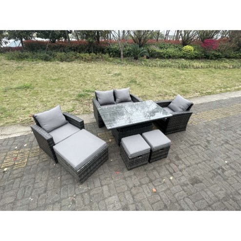 Fimous Rattan Outdoor Furniture Adjustable Rising Lifting Rectangle Dining Table Chairs Two Seater Love Sofa Sets 3 Footstools 7 Seater