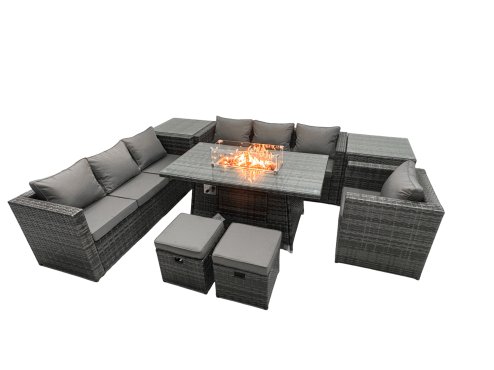 Fimous Rattan Garden Furniture Firepit Dining Set 9 Seater Lounge Sofa Table Set with 2 Side Table 2 Footstool