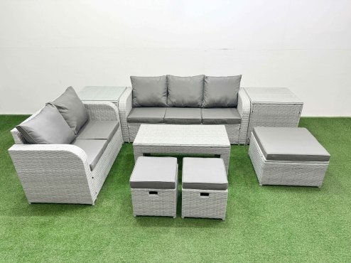 Fimous 8 Seater PE Rattan Wicker Garden Furniture Patio Conservatory Sofa Set with Oblong Coffee Table 3 Seater Sofa Love Sofa 3 Stool 2 Side Table