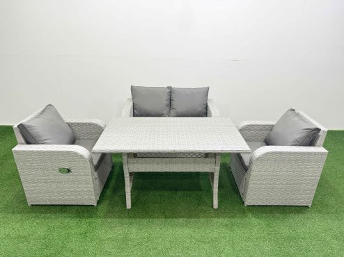 Fimous Light Grey PE Wicker Rattan Garden Furniture Set Sofa Set Reclining Chair Rectangular Dining Table 4 Seater