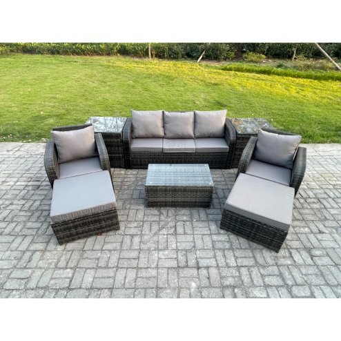 Fimous Rattan Garden Furniture Set Patio Outdoor Lounge Sofa Set with Rectangular Coffee Table 2 Big Footstool 3 Seater Sofa 2 Side Tables Dark Grey Mixed