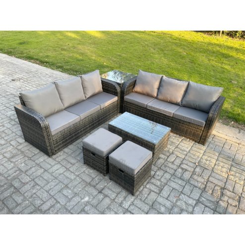 Fimous Outdoor Garden Furniture Sets 8 Seater Wicker Rattan Furniture Sofa Sets with Rectangular Coffee Table 3 Seater Sofa Side Table 2 Small Footstools Dark Grey Mixed
