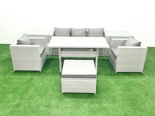 Fimous Garden Dining Set Outdoor Rattan Furniture Set with Sofa Dining Table 2 Chairs Big Footstool 2 Side Tables Light Grey Mixed