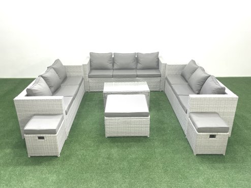 Fimous Rattan Garden Outdoor Furniture Set 12 Seater Garden Sofa Coffee Table Set with 3 Footstools Light Grey Mixed