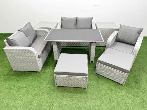 Fimous Rattan Sofa Outdoor Furniture with Dining Table,2 Side Tables,Love Sofa,2 Big Stools Patio Furniture Light Grey 7 Seater