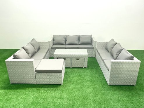 Fimous Rattan Garden Outdoor Furniture Set 12 Seater Garden Sofa Oblong Coffee Table Set with 3 Footstools Light Grey Mixed