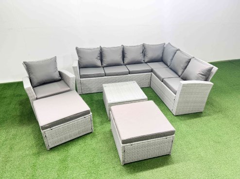 Fimous Rattan Garden Outdoor Furniture Set 9 Seater Rattan Garden Sofa Set with Armchair 2 Big Footstools Light Grey Mixed