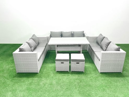 Fimous Rattan Garden Outdoor Furniture Set 11 Seater Garden Sofa Rectangulr Dining Table Set with 2 Small Footstool Light Grey Mixed