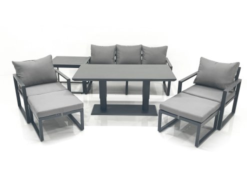 Fimous Outdoor Aluminium Garden Furniture Set with Adjustable Rising Lifting Dining Table 3 Seater Sofa 2 Chair 2 Big Footstools Side Table Dark Grey