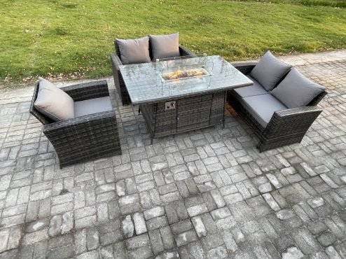 Fimous Rattan Outdoor Garden Furniture Gas Fire Pit Table Sets Gas Heater with Double Seat Sofa Armchair 5 Seater Dark Mixed Grey