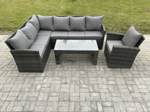 Fimous 7 Seater Outdoor Rattan Garden Furniture Set Corner Sofa Oblong Coffee Table Sets with Patio Armchair Dark Grey Mixed