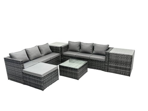 Fimous Outdoor Rattan Garden Furniture Set 7 Seater Patio Lounge Sofa Set with Square Coffee Table 2 Side Table Big Footstool Dark Grey Mixed