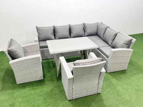Fimous 8 Seater Garden Outdoor Rattan Furniture Set Rattan Corner Sofa Oblong Dining Table with 2 Armchairs Light Grey Mixed