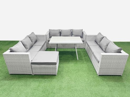 Fimous 10 Seat Outdoor Patio PE Rattan Garden Furniture with Cushions 3 Seater Sofa Big Stool Light Grey