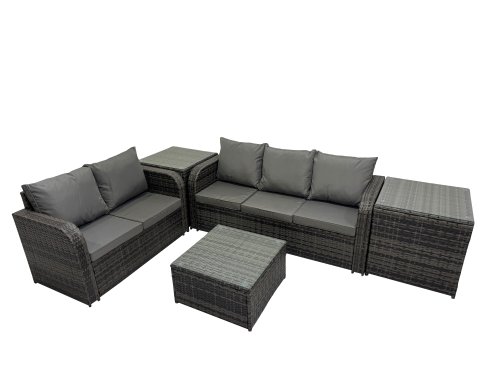 Fimous Rattan Garden Outdoor Furniture Set Love Sofa Square Coffee Table Sets with 2 Side Tables 2 Small Stools Dark Grey Mixed