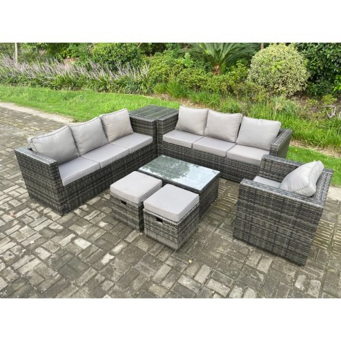Fimous Wicker PE Rattan Sofa Set Outdoor Patio Garden Furniture with Armchair Oblong Coffee Table Side Table 2 Small Footstools Dark Grey Mixed