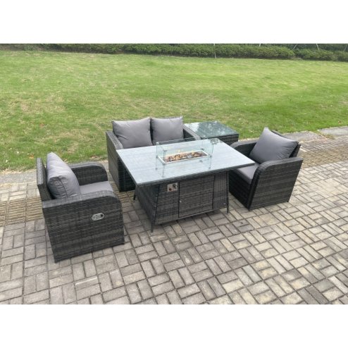 Fimous Rattan Outdoor Garden Furniture Set Gas Fire Pit Dining Table with Side Table Chair Love seat Sofa