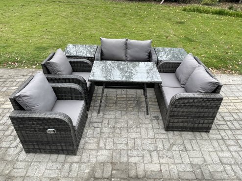 Fimous Wicker PE Rattan Garden Dining Set Outdoor Furniture Sofa with Rectangular Dining Table 2 Side Tables Dark Grey Mixed
