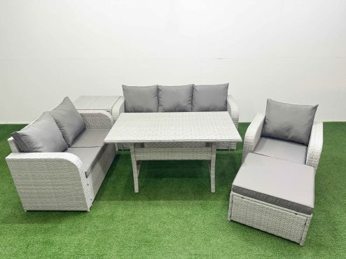 Fimous Patio PE Wicker 7 Seater Outdoor Rattan Furniture Sofa Sets with Rectangular Dining Table Reclining Chair Loveseat Sofa 3 Seater Sofa Big Footstool Side Table Light Grey