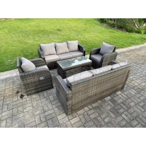 Fimous 8 Seater Dark Grey PE Wicker Rattan Garden Furniture Set Reclining Chair Lounge 3 Seater Sofa Set Outdoor Rectangular Coffee Table