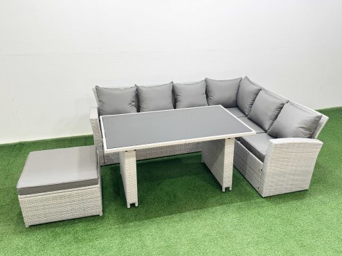 Fimous Outdoor Garden Furniture Sets 7 Seater Wicker Rattan Corner Sofa Sets with Rectangular Dining Table Lounge Sofa Big Footstool Light Grey