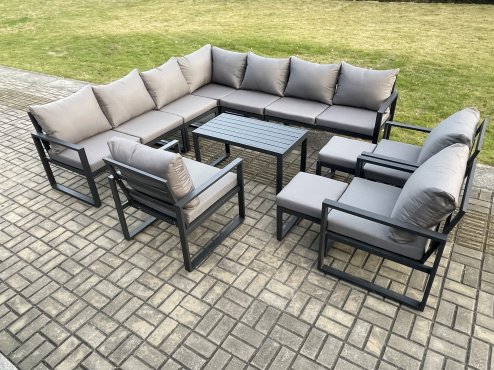 Fimous Aluminium Outdoor Garden Furniture Set Lounge Corner Sofa 3 Pcs Chair Oblong Coffee Table Sets with 2 Small Footstools Dark Grey