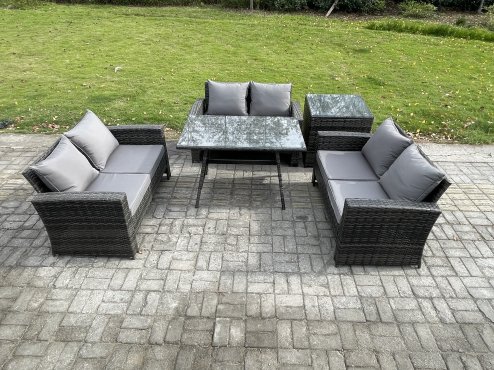 Fimous 6 Seater Rattan Wicker Garden Furniture Patio Conservatory Sofa Set with Rectangular Dining Table Love Seat Sofa Side Table