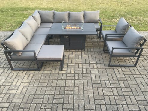 Fimous Aluminium 10 Seater Garden Furniture Outdoor Set Patio Lounge Sofa Gas Fire Pit Dining Table Set with 2 Chairs Big Footstool Dark Grey