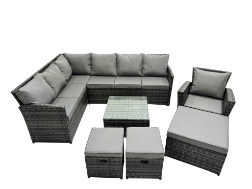 Fimous 10 Seat Poly Rattan Outdoor Patio Coffee Table Corner Sofa Set with 3 Stool Chair for Garden Backyard Dark Grey Mixed