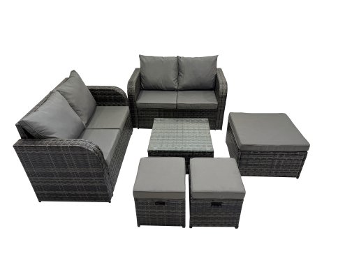 Fimous Rattan Garden Outdoor Furniture Set Love Sofa Square Coffee Table Set with 3 Stools Dark Grey Mixed