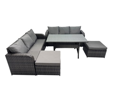 Fimous 8 Seat Outdoor Wicker PE Rattan Garden Furniture Sets Dining Table Sofa Set with 2 Big Stools Dark Grey Mixed