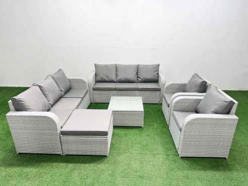 Fimous PE Rattan High Back Lounge Sofa Set Patio Square Coffee Table & Chairs Set with 3 Seater Sofa Reclining Chair Big Footstool Light Grey Image