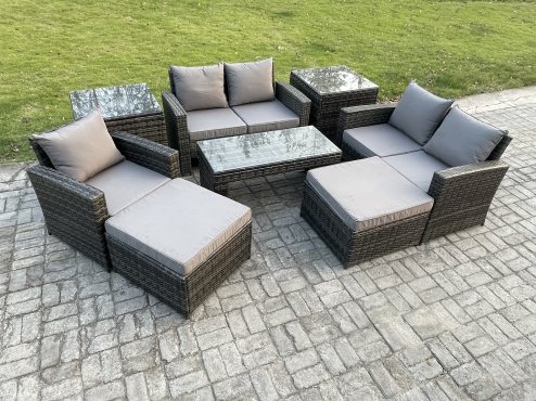 Fimous 7 Seater Outdoor Rattan Patio Furniture Set Garden Lounge Sofa Set with 2 Side Tables 2 Big Footstool Coffee Table Dark Grey Mixed