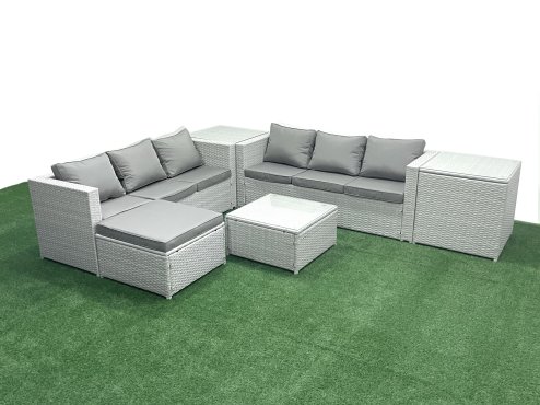 Fimous Rattan Garden Outdoor Furniture Set 7 Seater Rattan Garden Sofa Set with Big Footstool 2 Side Tables Light Grey Mixed