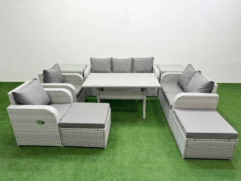 Fimous PE Rattan Garden Furniture Set Reclining Chair Sofa Double Love Seat 2 Seater Sofa Lounge Set Rectangular Dining Table 2 Big Footstool 2 Side Table Light Grey